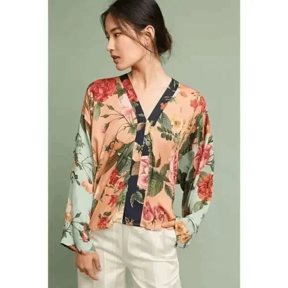 Farm Rio x Anthropologie tassel tie floral top kimono shirt XS - Picture 2 of 9